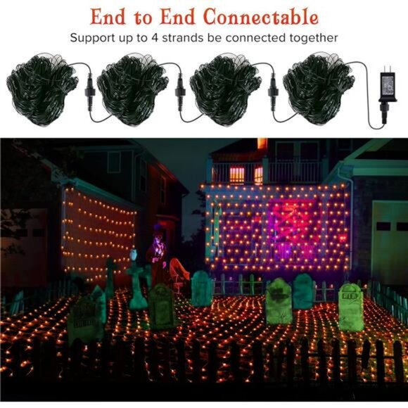 Halloween Net Lights, 200 LED 8.2ft x 4.9ft Orange Halloween Lights with 8 Modes - Picture 7 of 8